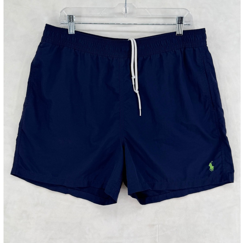 Polo Ralph Lauren Mens XL Navy Blue Swim Trunks Lime Green Pony Logo 5.5 Inseam